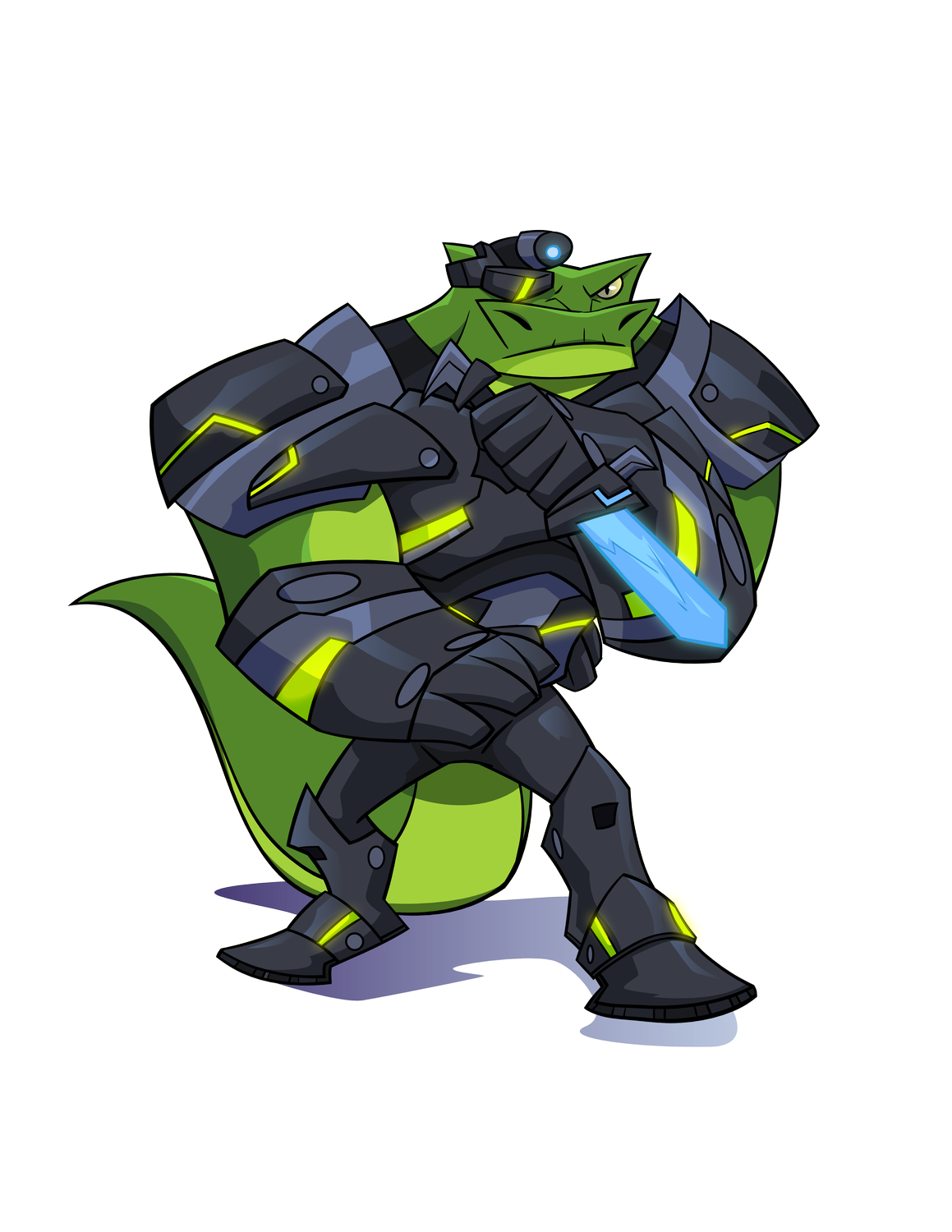 Dom Sloane, a green iguana enforcer in charcoal armor holding a cyan plasma blade